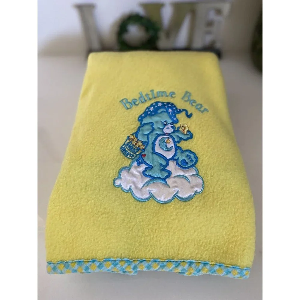 Vintage Care Bears Fleece Baby Blanket Bedtime Bear Sweet Dreams Yellow Blue EUC